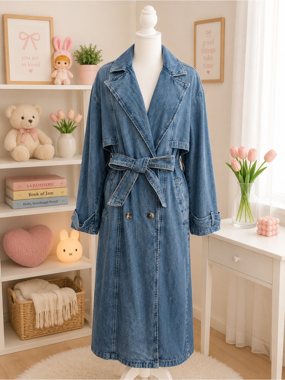H&M Denim Trench Coat Belted Long Jean Duster Jacket Size S